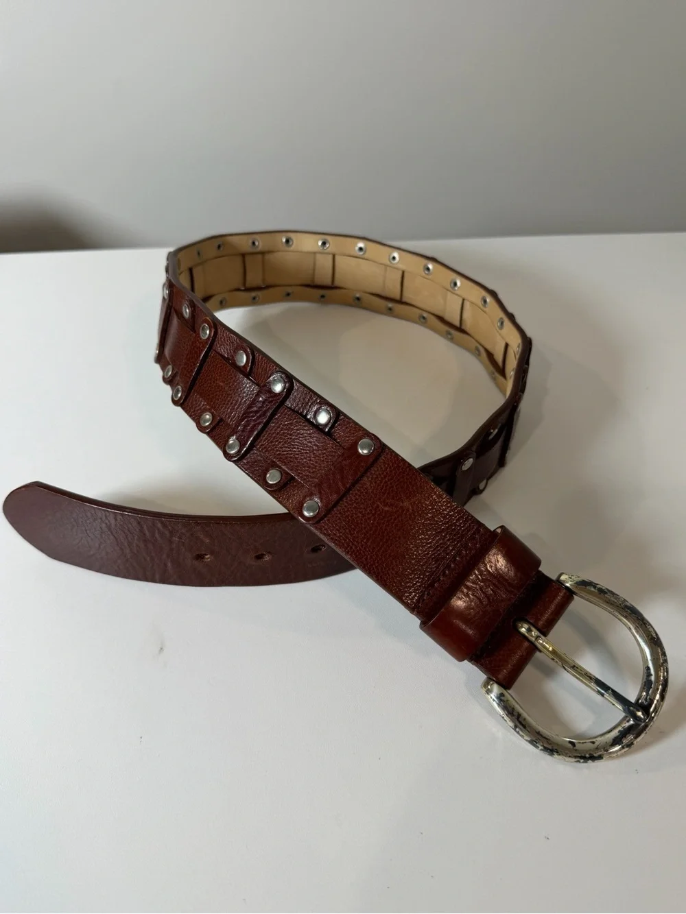 Saks Fifth Avenue Medium Woven Knit Brown Studded Genuine Italian Leather Belt